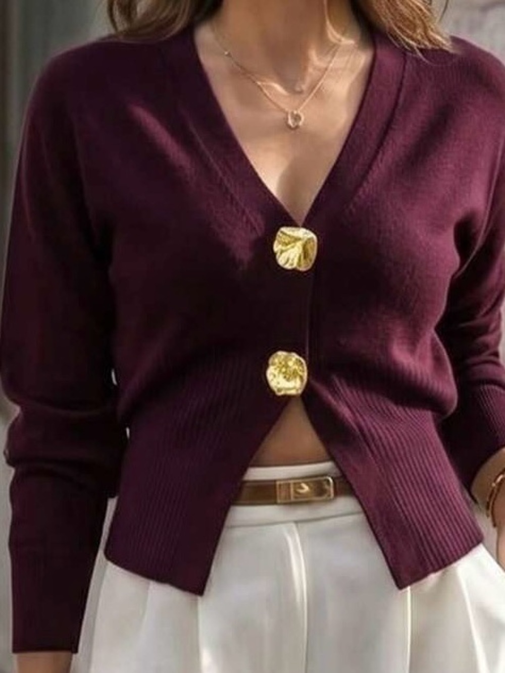 Burgundy V-Neck Gold Button Women's Cardigan Size Small